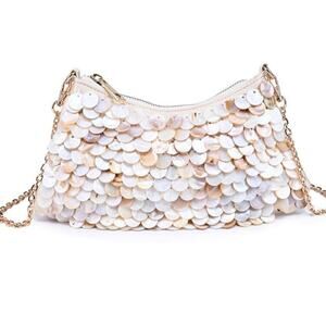 Opalite Iridescent Disc Evening Bag | Ivory Clutch with Chain Strap